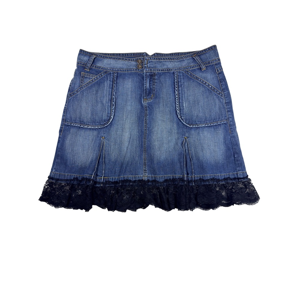 LEI Denim Short Skirt Womens Size 15 Dark Wash Black Lace Trim Mini Y2K